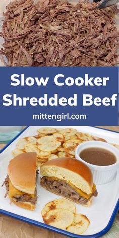 slow cooker shredded beef is the best way to make this delicious meaty sandwich