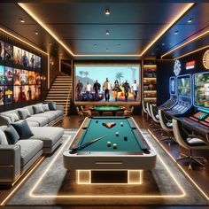 a game room with a pool table, couches and televisions