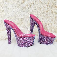 7" (17.8cm) Heel, 2 3/4" (7cm) Platform Slide Featuring Entire Bottom Fully Encrusted With Multi-Size Rhinestones New In Box Pleaser Shoes Bedazzled Crystal High Heels, Pink Rhinestone Heels With Round Toe, Pink Rhinestone Round Toe Heels, Purple Rhinestone Heels With Round Toe, Purple Rhinestone Round Toe Heels, Purple Rhinestone Wedding Heels, Evening Pink Bling Heels, Rhinestone Platform Heels, Pleaser High Heels