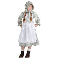 Explore History While Wearing This Cute Pioneer Costume Set. The costume set will encourage hours of learning, creativity, and fun! The prairie-inspired dress is a great way to reenact many periods in history for your child. Product Includes: 1x Dress 1x Bonnet 1x Apron Versatile: Great for Halloween stage, kids parties, or, one-on-one playtime year round Additional Features: Available in sizes; small, medium, and large. Very durable: resistant to most chemicals, stretching and shrinking, wrinkl Pioneer Days Costume, Pioneer Costume, Pioneer Girl, Pioneer Dress, Baby Costumes Girl, Costume For Girls, Dress Apron, Dress Shirt And Tie, Shop Dress