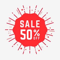 the sale 50 % off sign is shown in red and white with rays around it