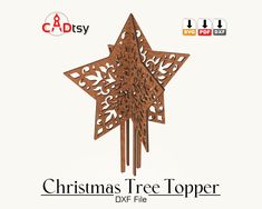 the christmas tree topper is made from wood and has an intricate design on it