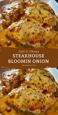 two plates filled with meat covered in sauce and cheese on top of each other, next to the words steakhouse bloomin onion