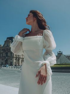 Blouson-sleeve bodycon midi dress :: LICHI - Online fashion store White Dress Classy Long, Elegant Midi Dress Classy, White Classy Dress, Bodycon Wedding Dress, Midi Dress Classy, White Dress Classy, Wedding Midi Dress, Classy Wedding Dress, Elegant Midi Dresses