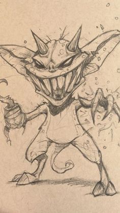 a drawing of an evil looking creature with horns