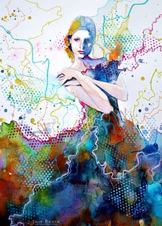 a painting of a woman in a dress with colorful paint splatters on it