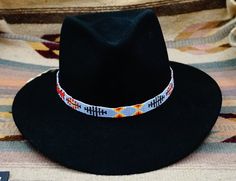 Item 1047K- Handmade Navajo Multi Color Beaded Symbols Hat Band by Tom Charley Traditional Multicolor Beaded Hat Band, Traditional Beaded Hat Bands For Rodeo, Traditional Adjustable Jewelry For Rodeo, Adjustable Bead Cap Hat Bands For Festival, Adjustable Hat Band With Bead Caps For Festival, Traditional Handmade Black Hat Bands, Traditional Beaded Hat Bands For Country Events, Southwestern Beaded Adjustable Hat, Southwestern Adjustable Beaded Hat