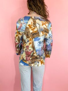 Vintage 90s 1990s Y2K 2000s Multicolor Western Cowboy Cowgirl Cheetah Pin Up Print 3/4 Sleeve Blouse FREE SHIPPING Pullover closure, material has a slight silkiness Great condition Brand - Cactus Flower Tag size - none Seen on size Small Measurements (laying flat) Chest - 20.5 in Length - 25 in #y2kblouse #y2kwestershirt #y2kshirt #90swesternshirt #y2kaalloverprintshirt *i try to include all noted flaws, but vintage is expected to have some wear from age and use (please ask all questions before Blouse Price, Cowboy And Cowgirl, Star Shirt, Western Cowboy, Western Shirts, Teal Blue, Crew Neck Sweater, Sleeve Blouse, Pin Up