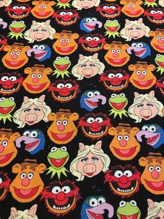 the muppets are all different colors and sizes on this black background with red, green