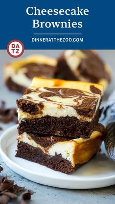 three pieces of cake sitting on top of a white plate next to chocolate chips and oreo cookies