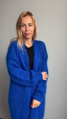 Royal Blue  Mohair cardigan  Hand knit This soft mohair cardigan is perfect for casual and everyday usage, will go perfect with jeans and may combine easily with many colors. Classic form of this open style cardigan suits any body type.  Length is 90 cm (35.4') Yarn: High quality yarn 25% wool, 25% mohair, 50 % acrylic CARE: Hand wash in cold water then lay flat to dry. All items are beautifully wrapped. Ready to be a gift for your lovely person. You can order longer sweater or sleeves / or shor Casual Mohair V-neck Outerwear, Casual Mohair Outerwear With V-neck, Trendy Long Sleeve Mohair Cardigan, Casual Mohair Cardigan For Winter, Casual Mohair Long Sleeve Outerwear, Oversized Mohair Long Sleeve Cardigan, Casual Mohair Outerwear For Layering, Casual Long Sleeve Mohair Outerwear, Oversized Blue Winter Cardigan