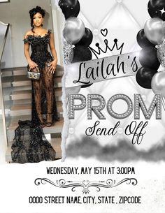 an advertisement for prom night with a woman in black and silver dress standing on the stairs