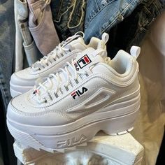 Fila | Shoes | Nwt Fila Disruptor Platform Wedge Chunky Sneakers | Poshmark Chunky Shoes Sneakers, Ghoulia Cosplay, Fila Shoes Outfit, Fila Outfit, Flat Shoes Outfit, Platform Shoes Sneakers, Tenis Converse, Slippers Outfit, Chunky Platform Sneakers