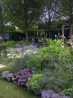 a garden filled with lots of purple and white flowers