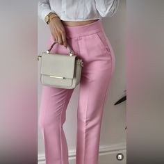 Zara New With Tags Ankle Pants Pink High-Waisted Pants With Side Pockets And Back False Welt Pockets. Front Zip, Metal Hook, And Interior Button Closure. Color Pink Outer Shell 55% Cotton 42% Polyester 3% Elastane Blogger's Favorite Already Sold Out At Store And Online. All Sales Are Final. No Returns. Please Ask All Questions Before Purchasing. Thank You For Looking Spring Office Lady Bottoms For Business Casual, Spring Office Lady Workwear Bottoms, Casual Spring Office Dress Pants, Spring Business Casual Office Bottoms, Casual Office Dress Pants For Spring, Fitted Ankle-length Solid Color Pants, Spring Office Lady Business Casual Bottoms, Non-stretch Spring Dress Pants, Solid Bottoms For Office Wear In Spring