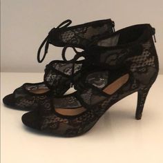 Nwot Black Lace Romantic Ankle Highe Open Toed Heels Zip Up Back With Ties At The Ankle These Gorgeous Shoes Have Never Been Worn . Black Lace Pattern ! Very Chic And Very Comfortable. These Look Great With Jeans Or Formal Wear. Great Addition To Add Lots Of Sexy To Your Outfit Thank You So Much For Shopping In My Closet Happy Holidays Lace Heels For Evening And Spring, Spring Evening Lace Heels, Lace Heels With Laces For Party, Black Lace Heels For Party, Black Lace Party Heels, High Heel Party Heels With Laces, Elegant Black Heels With Laces, Evening Heels With Laces And Round Toe, Black Lace Heels With Round Toe