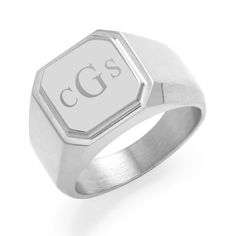 The Men's Stainless Steel Square Signet Ring shows an engravable flat square section on top  measuring 1/2 inch wide. Stylish and elegant for everyday wear. Modern White Gold Rectangular Signet Ring, Modern Rectangular Engraved Ring With Polished Finish, Classic Stainless Steel Signet Ring For Formal Occasions, Formal Rectangular Stainless Steel Signet Ring, Formal Stainless Steel Rectangular Signet Ring, Classic Rectangular Signet Ring With Initials, Classic Rectangular Signet Ring With Polished Edges, Silver Rectangular Signet Ring For Formal Occasions, Classic Sterling Silver Engraved Rectangular Ring