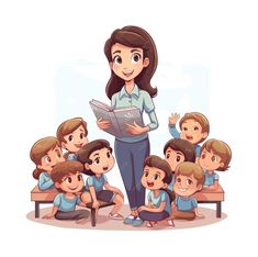 a woman standing in front of a group of children with an open book on her lap