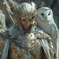 an image of two owls that are dressed in gold and silver armor with one owl on his shoulder