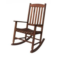 a wooden rocking chair with slatted back and seat cushion on an isolated white background