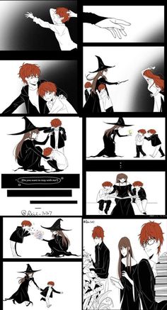 the storyboard shows two people in black and white outfits, one with red hair