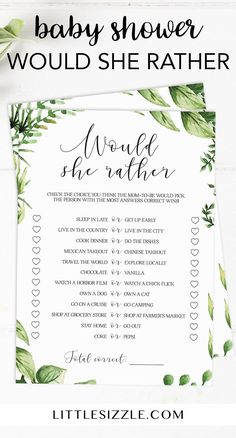 the baby shower would she rather be another? printable game with greenery on it