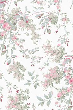 a floral wallpaper with pink flowers and green leaves