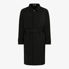 Beat the weather in style with this black belted trench coat. Comfortably tailored and water-repellent, this knee-length later features a broad collar, spacious welted pockets and detachable self-fabric belt. Modern Black Outerwear With Belted Cuffs, Classic Business Outerwear With Belted Cuffs, Fitted Black Outerwear For Travel, Black Belted Business Outerwear, Black Spring Outerwear With Concealed Placket, Black Outerwear With Concealed Placket For Spring, Business Long Coat With Belted Cuffs, Black Belted Formal Outerwear, Black Belted Outerwear For Business