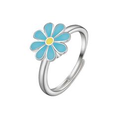 Flower fidget ring sterling silver spinner ring white orange blue Rosery Poetry Round Blue Jewelry For Spring, Blue Round Jewelry For Spring, Blue Round Spring Jewelry, Light Blue Jewelry For Spring Gift, Adjustable Blue Flower Ring, Adjustable Blue Flower Ring For Gifting, Adjustable Turquoise Flower Ring Gift, Adjustable Blue Flower Ring Gift, Adjustable Light Blue Sterling Silver Rings