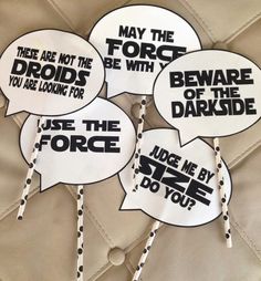 four white speech bubbles with black writing on them that say, beware of the darkside