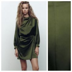 Nwt. Zara Green Satin Effect Mini Dress With Round Neck And Long Sleeves. Ruched Detail. Back Hidden In-Seam Zip Closure. 97% Polyester 3% Elastane. Size M. Ref. 2124/845. Pit To Pit 20" Flat, Shoulders 19", Sleeves 22", Waist 14,5", Length 32,5". O Elegant Long Sleeve Olive Dress, Olive Long Sleeve Party Dress, Green Ruched Dress For Fall, Olive Fitted Dress For Fall, Chic Olive Long Sleeve Dress, Olive Long Sleeve Dress For Summer, Olive Long Sleeve Dress For Spring, Spring Long Sleeve Olive Dress, Long Sleeve Olive Dress For Spring