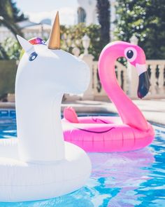 an inflatable unicorn and flamingo float out into the pool