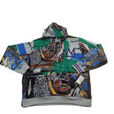 Urban Multicolor Hooded Hoodie, Multicolor Streetwear Hoodie, Multicolor Hooded Jacket For Streetwear, Artistic Winter Streetwear Outerwear, Artistic Winter Outerwear For Streetwear, Artistic Graffiti Print Outerwear For Streetwear, Casual Multicolor Hooded Jacket For Streetwear, Multicolor Hooded Jacket With Drawstring For Streetwear, Michel Basquiat Art