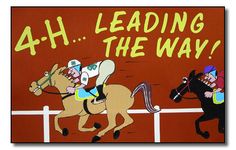 a painting of horses and jockeys on a track with the words 4 h leading the way