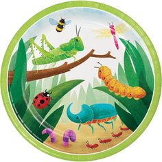 a paper plate with an image of bugs and caterpillars in the forest