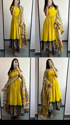 Flipkart Dresses For Women, Bandhani Dress Pattern, Flower Design Rangoli, Yellow Frock, Long Frocks For Women, Frock Models, Kurtis Design