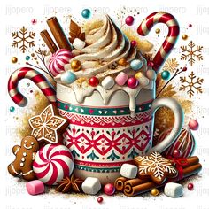 a cup filled with hot chocolate and candy canes