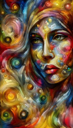 a woman's face with colorful circles around it and the image is painted in bright colors