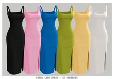 four different colored dresses with straps on each side