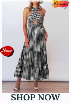 Checked/plaid Casual Halter Short Sleeve Woven Dress Halter Neck Dress Pattern, Halter Neck Midi Dress, Plus Size Black Dresses, Backless Midi Dress, Halter Neck Dress, Beach Dresses Summer, Halter Midi Dress, Flowy Maxi Dress, Maxi Dress Cocktail