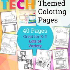 the book cover for tech themed coloring pages, with lots of pictures and text on it