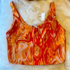 Zara Orange Tank. Brand New Chic Printed Summer Crop Top, Chic Printed Tank Top For Spring, Casual Printed Tank Top For Party, Casual Printed Party Tank Top, Printed Crop Top Tank For Spring, White Floral Print Tank Top For Party, Printed Crop Top For Spring Party, Spring Party Printed Tank Top, Orange Summer Crop Tank Top