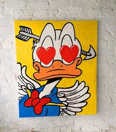 a painting of a cartoon duck with hearts on it's eyes and an arrow in his mouth