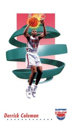 a basketball card with derrick coleman in the air and holding a basketball above his head