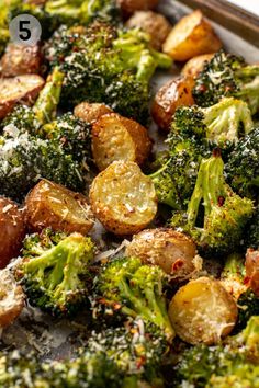 broccoli florets and potatoes covered in parmesan sprinkles