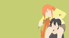 two anime characters are hugging each other with long orange hair and green eyes on their faces