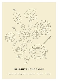 the cover of delights of the table, with food and drinks drawn on it