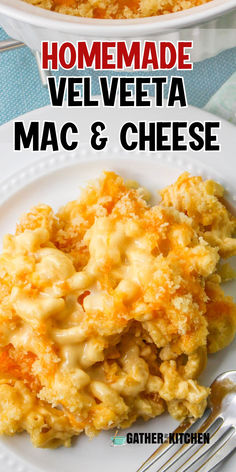 "Homemade Velveeta Mac & Cheese' is across the top with a closeup of creamy Velveeta mac and cheese on a plate. Homemade Velveeta Mac And Cheese, Mac N Cheese Velveeta, Homemade Mac And Cheese Recipe Easy, Homemade Mac And Cheese Recipe Baked, Homemade Velveeta, Recipes With Velveeta Cheese, Velveeta Mac And Cheese, Velveeta Recipes, Easy Mac N Cheese Recipe