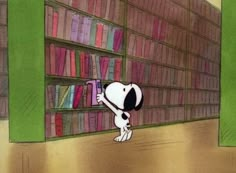 a cartoon dog looking at books in a library