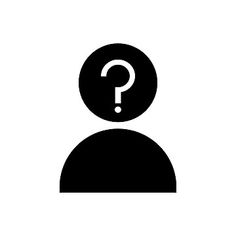 a black and white icon with a question mark on it's head, in the middle